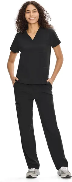 COZYFIT Scrubs for Women Set Medical Uniform - V-Neck Top & Straight Leg Pants with 9 Pockets