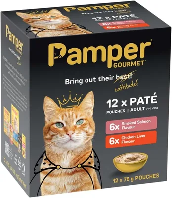Pamper Adult Wet Cat Food Multi Pack Gourmet Pate 12 x 75g Pouches Best Deal