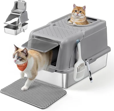 Feandrea Litière pour Chat en Acier Inoxydable avec Couvercle Réversible, Grande Taille, Design Imperméable, Pinceau et Brosse, Entrée Double pour Chats - 44% de Réduction
