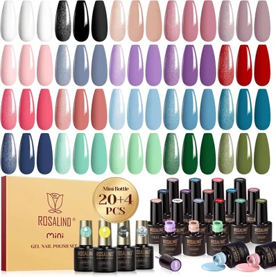 ROSALIND UV Nagelvärnssätt, 24 Delar Gel Nagelvärn Vit Schwarz Nude Purple Blå Grön Best Deal