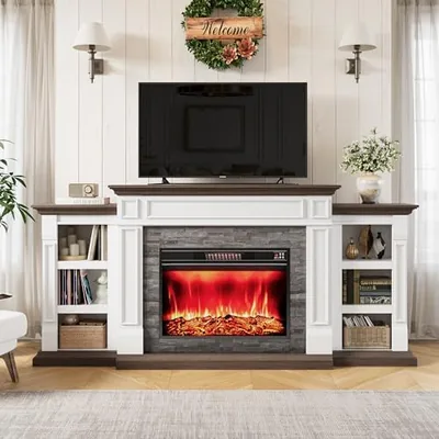 80" Fireplace TV Stand - White/Brown Mantel