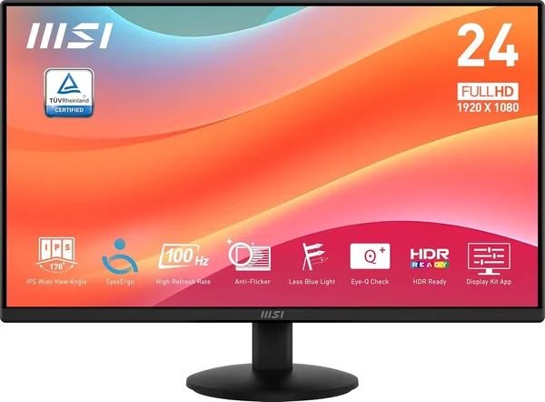 MSI Pro MP242L 23.8" FHD Office Monitor: 1920 x 1080 IPS Panel, 100 Hz, 4 ms, EyesErgo Tech, Adjustable Tilt, HDR Ready - Black
