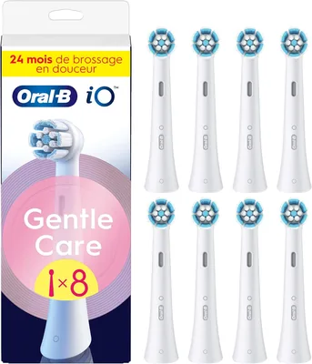 Oral-B iO Gentle Care Toothbrush Headset, Vit, 8 stk, Original Runda Borstlar, Winkelad Hårna Till Deepare Plaqueborttag