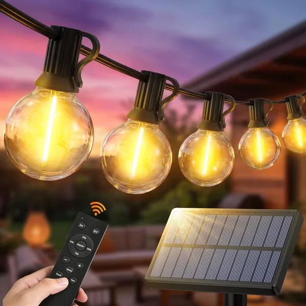 Solar String Lights Outdoor Garden - 15M 50FT Outdoor String Light Solar Powered with G40 LED Shatterproof Bulb 3 Remote Control Modes Solar Festoon Lights IP44Waterproof for Patio