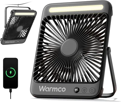 Warmco D4 Batterie Campingventilator 20000 mAh LED-Lampe 48 Stunden Laufzeit | Leiser, ultraflacher Ventilator mit Display und Haken für Zelt