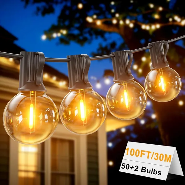 LONIUTO Outdoor Light Chain 30 m, LED Light Chain with 50 + 2 G40 Lights, 2700 K Warm White, IP45 for Garden, Terrace and Parties