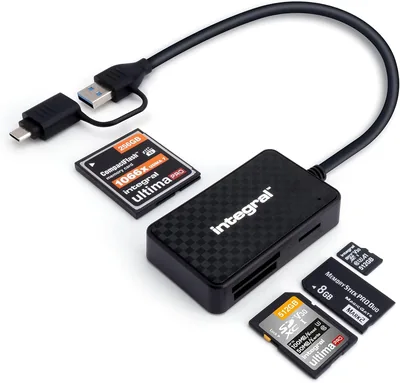 Integrerad 4-i-1 minnekortläsare med USB 3.2 och USB C-anpassare för microSD, SD, Compact Flash, MS Duo/Pro - för iPhone 15/16