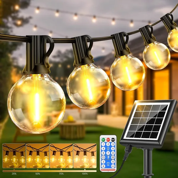 PBGMRT Dimmable Solar Outdoor String Lights - 30M/100FT G40 Solar Powered Garden Lights 38+2 LEDs, Remote 3 Timer 8 Modes Waterproof Outside Festoon Lights for Gardens Patios Fence