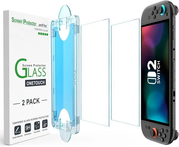 amFilm [2-Pack] OneTouch Glass Screen Protector Designed for Nintendo Switch 2 model 2025-With Auto Alignment Kit, Bubble Free