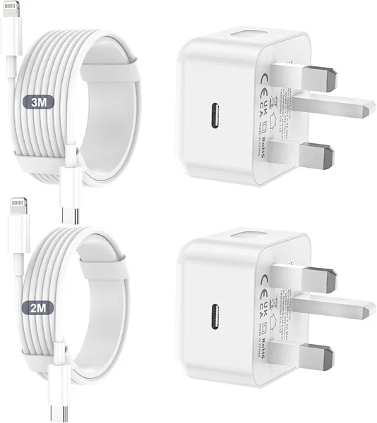 MFi Certified PD Fast Apple Charger UK USB C Plug With 2M&3M iPhone Fast Charger Cable for iPhone 14 13 12 11 Pro Max XS X (2Pack)