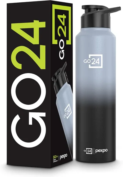 Go24 pexpo Water Bottle 1 ltr Stainless Steel Sports/Fridge Bottle with Sipper Cap | Single Wall | For Home, Office, Gym