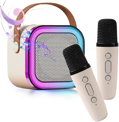 SUIJIEEN Karaoke Machine Bluetooth Portable Speaker with 2 Wireless Microphones LED Lights Birthday 