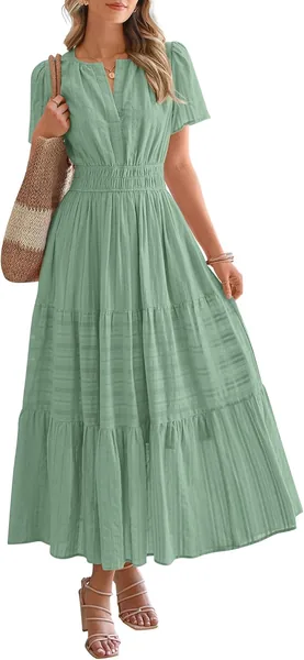 BTFBM Summer Dress for Women 2026 Maxi Dress Lightweight Short Sleeve V Neck Elastic Waist Boho Beach Spring Dresses