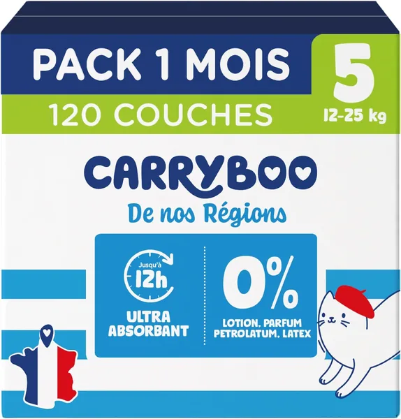 CARRYBOO - Poussettes Taille 5 (12-25 kg) - Saines et Ultra Absorbantes - Sans Fuite de 12h - Sans Substances Nuisibles - Fabriquée en France - 5% De Réduction