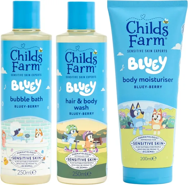 Childs Farm Bluey Regime Bundle | 250ml Bubble Bath + 250ml Hair & Body Wash + 200ml Moisturiser | 30% Off