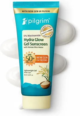 पिलग्रिम 5% नियासिनामाइड हाइड्रा ग्लॉ व जेल सनस्क्रीन SPF 50+ PA++++ | कोरियन राइस वाटर से हाइड्रेटेड ग्लॉइंग स्किन | इनविवो टी