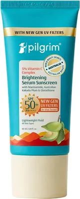 पिलग्रिम 5% विटामिन सी ब्राइटेनिंग सनस्क्रीन SPF 50+ PA++++ नियासिनमाइड और ग्लूटाथियन के साथ | इनविवो टेस्टेड न्यू जन यूवी फिल