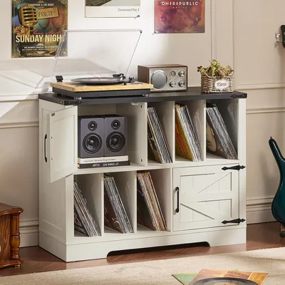Large Record Player Stand - 39" White Farmhouse Storage Cabinet Best Deal