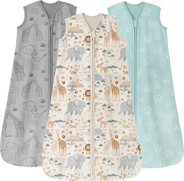 Unnivoll Summer Sleeping Bag Pack of 3, 0.5 Togs, Cotton, 6-12 Months, 78 cm, Boy/Girl/Newborn, Apricot/Grey/Green