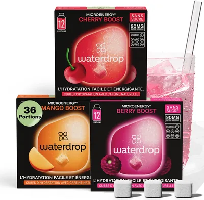 Waterdrop Microenergy Set - Boisson énergisante sans sucre aux arômes de mûre, mangue et cerise - 36 comprimés effervescents