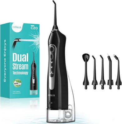 حاصل على 10% تخفيض - فلوس مائي كهربائي COSLUS C20، تنظيف بالمياه للعناية بالأسنان واللثة، لاسلكي، خزان مياه كبير، تنظيف عميق، قابل لإعادة الشحن، مقاوم للماء