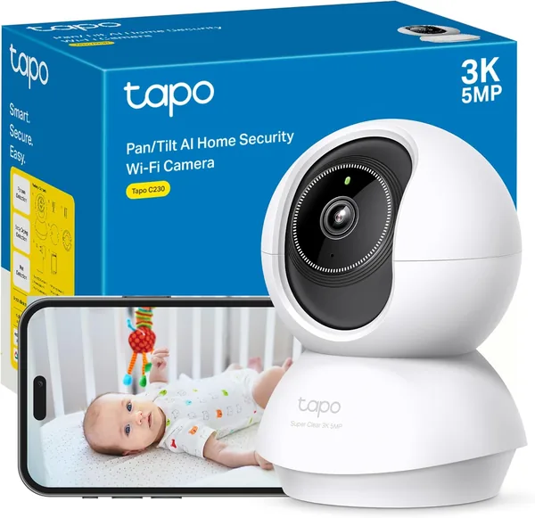 Tapo C230 - Cámara de Vigilancia AI 360°, 5MP 3K, Alarma de Sonido/Luz, Visión Nocturna, Audio de Dos Formas, Detección de Movimiento AI, Google