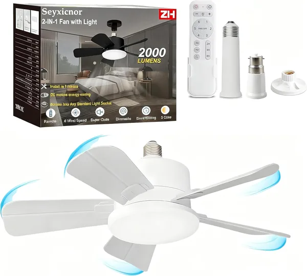 Ventilateur de plafond avec lumière et télécommande, E27, 2000 lumens, ventilateur LED dimmable à 3 couleurs, 6 vitesses inversibles