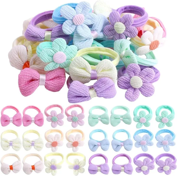 Toddler Girls Hair Ties, 24PCS Baby Flower Bows Hair Tie Cute Elastic Scrunchies