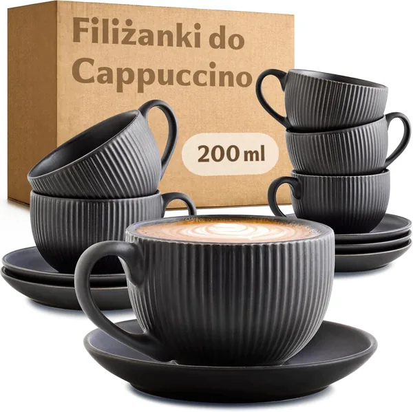 Cosumy Filiżanki do Cappuccino z uchwytem 200 ml - 6 filiżanek ze spodkami - Unikalny wzór w paski - Matowa ceramika