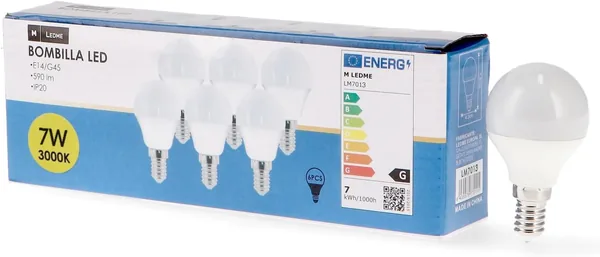 M Ledme Pack of 6, LED Bulb E14 G45 7W, Warm Light (3000k), E14 Socket, 630 Lumen, IP20, Beam Opening 200