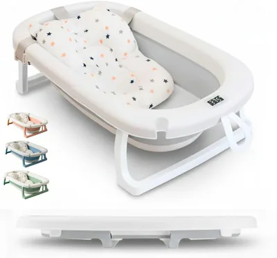 Bathby | Bañera plegable para bebés con cojín + termómetro + suelas antideslizantes + tapón de seguridad para recién nacidos, diseño plegable