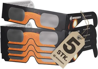 Lunettes de l'éclipse solaire Bresser 5 Pack pour une observation sûre du soleil, avec film de filtrage de lumière blanche de haute qualité, conforme à la norme IS