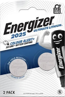 Batterie Energizer Ultimate Lithium CR 2025 (Pack de 2) - 3V - Premier bouclier d'enfant sécurité bouton