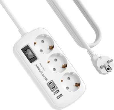 Dreifach-Steckdose mit Überspannungsschutz und 4 USB-Anschlüssen (2 x USB-C)