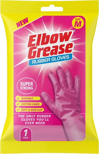 Elbow Grease Pink Rubber Gloves (Medium - 1 Pack) | Super Strong, Cotton Lined, Non-Slip Household Gloves