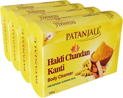 पातनजली हल्दी चंदन कांति बॉडी क्लींसर साबुन (150g, पैक ऑफ 4), पोषण और नमी, प्राकृतिक एलो