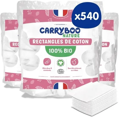CARRYBOO - 540 Serviettes en coton 100% biologique pour bébé - Ultra douces pour peau sensible - Hypoallergéniques - Changement et toilette - Fabriquées en France