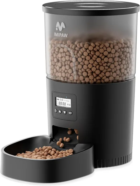IMIPAW Automatische Katvoederdispensers, 3L Katvoeder met Timer, Programmeerbare Portiegrootte, 1-6 Maaltijden per Dag (Zwart, 3L) Best Deal