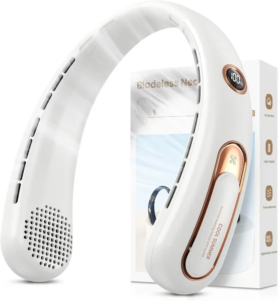 Halsventilator 4000mAh USB oplaadbaar (15U), 3 snelheden & 360° luchtstroom, LED-display, Stil ventilator voor kantoor, reizen, sporten, buiten
