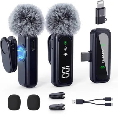Microphone Lavalier YEJATA sans fil avec indicateur de batterie numérique, réduction du bruit omnidirectionnel 360°, portée 30M, rotatif - 19% de réduction