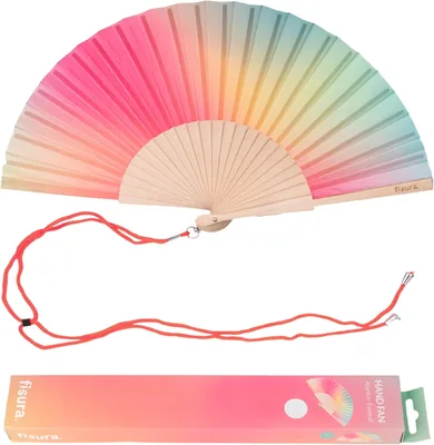 Fan moderne à motif dégradé rose et vert avec accroche inclus - 42.5 cm