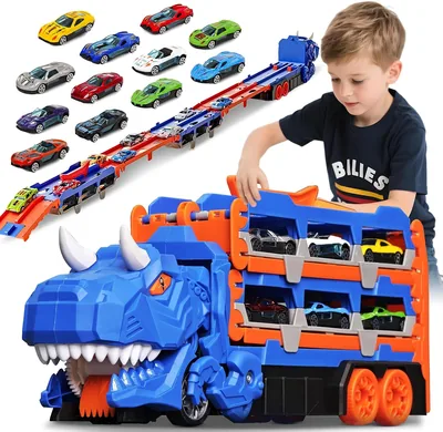 Sternstunde Dinosaur Toy Truck - 12 Racer Cars, Portable Racing Track