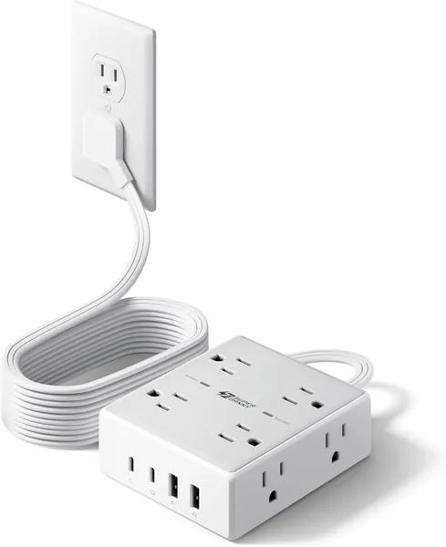 10Ft Extension Cord with Multiple Outlets, Flat Plug Surge Protector Power Strip 10 Ft Long Cord, 8 Outlets & 4 USB Ports (2 USB C)