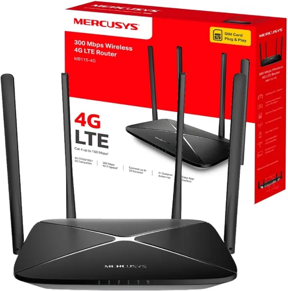Mercusys MB115-4G 300Mbps Wireless N 4G LTE Router, WiFi 300Mbps + Instant SIM + 4 Powerful Antennas, Maximum Coverage for 32 Devices, Dual WiFi/Cable Mode