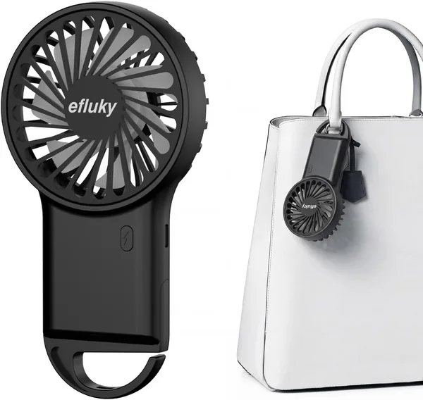 efluky Handheld Fan, Kleiner Taschenventilator mit 3 Geschwindigkeitsstufen und USB-Ladeanschluss, inkl. Haken - Best Deal