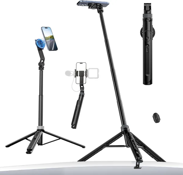Mobiele telefoon statief 145 cm, magnetische selfie stick met afstandsbediening, mobiel vlog stand met 2-in-1 telefoon clip, 2 koude schoen