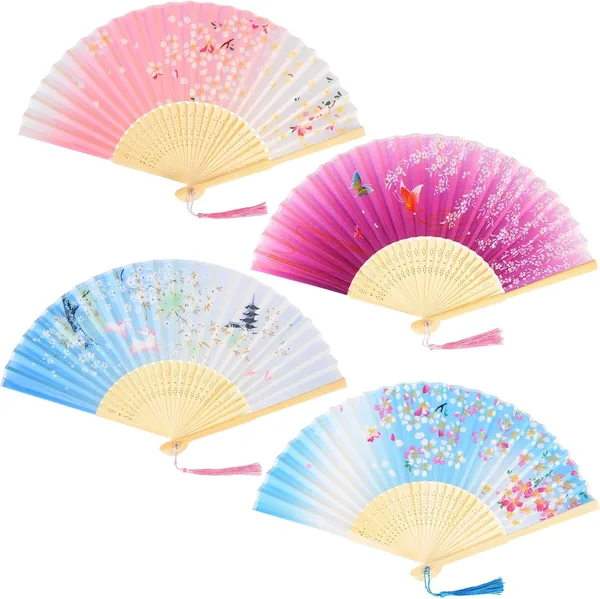 Set de 4 ventilateurs à main en tissu solide - Ventilateurs pliants chinois ou japonais pour femmes, invitées de mariage, enfants et filles