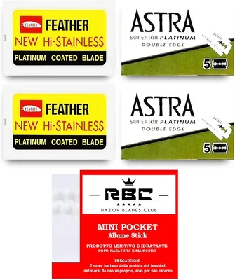 Razor Blades Club - 20 żyletek Feather + 10 żyletek Astra Platinum (double edge) + 20 zapałek hemostatycznych RBC Best Price