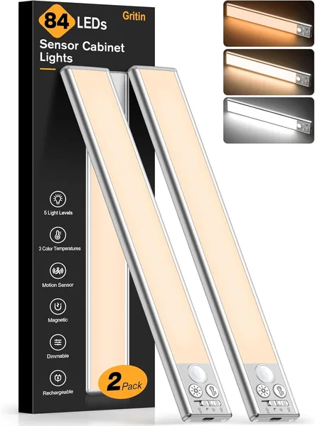 Gritin Under Cabinet Kitchen Lights Rechargeable-3 Color Temps&5 Level Brightness
