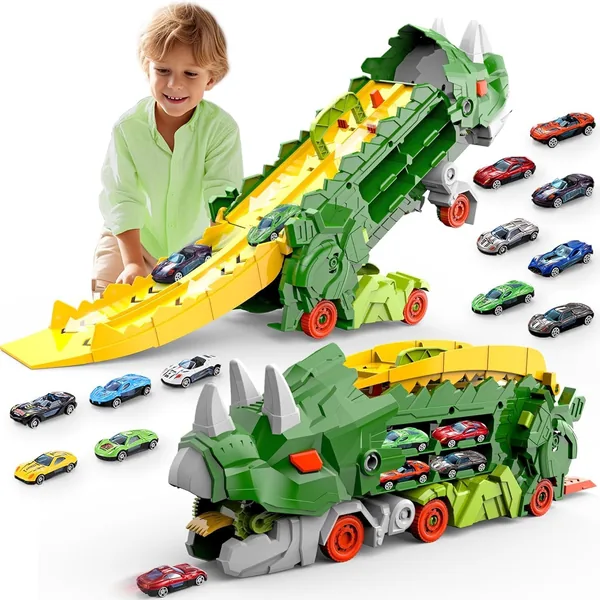 HALAYAYA Dinosaur Toys Truck Set Dinosaur Transforming Car Race Tracks Set With 8 Pcs Cars for Kids